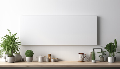 large empty white picture on the wall in a minimalist kitchen room.