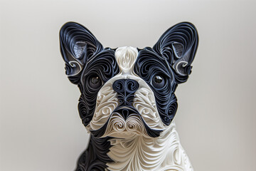 Old black and white french bulldog made in quilling art – Ai generative