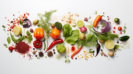 Fruits et légumes disposés sur un fond blanc. Nourriture, sain, santé. Pour conception et création graphique. - obrazy, fototapety, plakaty