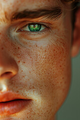 Close up of a young man's face with green eyes – Ai generative