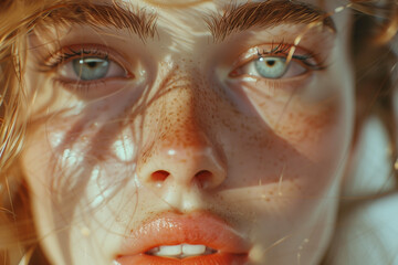 Close up of a young woman's face with blue eyes – Ai generative
