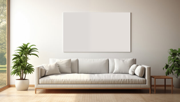 large empty white picture on the wall in a minimalist room.