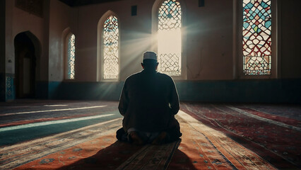 A Muslim man sitting inside a Mosque. Sun ray coming through the window