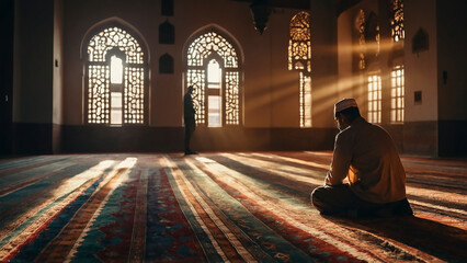 Muslim man praying in a mosque. Sunlight rays and haze through the window