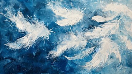 A painting featuring a blend of blue and white colors with delicate white feathers scattered across the canvas. The feathers appear to be in motion, creating a sense of movement and lightness