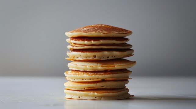 A neat stack of plain pancakes resting on a flat, white table. The pancakes are golden brown and appear fluffy and delicious