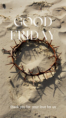 Good Friday banner. Crown of Thorns on stony sand conceptual of the crucifixion and Easter with copy space