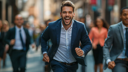 energic businessman running in front of his team