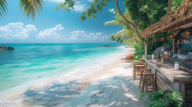 Beach bar on a tropical beach. Outdoor restaurant at the beach