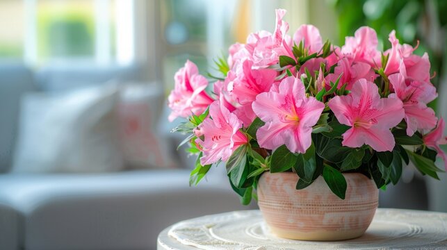 A potted plant with blooming pink flowers and vibrant green leaves sits on a table, adding a touch of color and nature to the room
