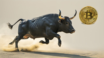 Bull with bitcoin in the field.Bull and bitcoin. Cryptocurrency concept.A Symbolic Representation of Financial Growth