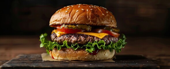 A tasty bite, an appetizing burger. Burger on wooden background with lettuce and tomatoes, in the style of dark teal and amber․ - obrazy, fototapety, plakaty