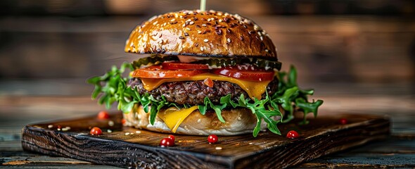 A tasty bite, an appetizing burger. Burger on wooden background with lettuce and tomatoes, in the style of dark teal and amber․