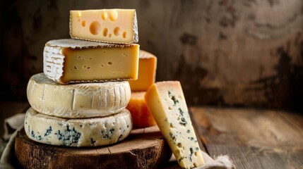 A stack of assorted cheeses, such as cheddar, brie, and gouda, arranged neatly on a rustic wooden plate. The cheeses vary in color, texture, and aroma, creating a tempting display against the plain - obrazy, fototapety, plakaty
