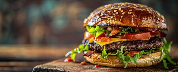 A tasty bite, an appetizing burger. Burger on wooden background with lettuce and tomatoes, in the style of dark teal and amber․ - obrazy, fototapety, plakaty