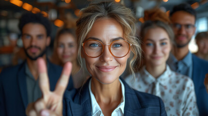 beautiful businesswoman making victory sign in front