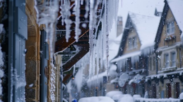 A row of buildings covered in snow with icicles hanging from the eaves, creating a wintery and cold scene. The architecture is visible under the snow, showcasing the wintry weather conditions