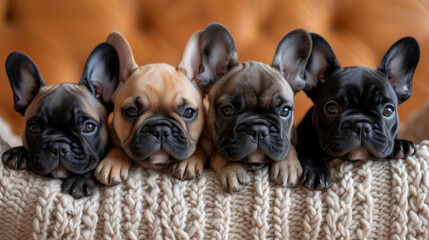 cute french bulldogs resting on knitted blanket