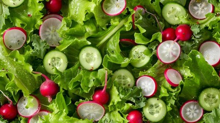 A top-down view of a fresh, healthy green salad featuring crisp lettuce leaves, vibrant radishes, and crunchy cucumbers. The mix of textures and colors creates a visually appealing and nutritious meal