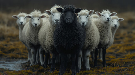 Obraz premium group of seven sheeps with the leader black