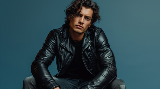 closeup of sexy rocker with long hair and leather jacket