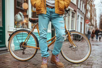 close up of casual man's feet near bicycle