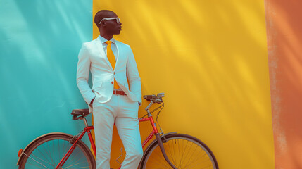black businessman standing near bicycle and looking to side - 755579494
