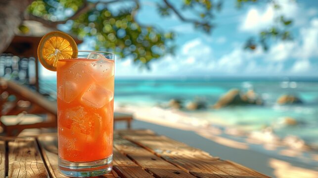 Fresh cold cocktail on tropical beach. Summer sea vacation and travel concept