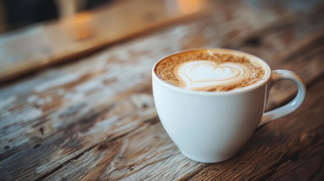 A white mug sits on a wooden table, filled with a freshly brewed coffee latte. A heart has been delicately drawn on the creamy surface, adding a touch of love to the beverage