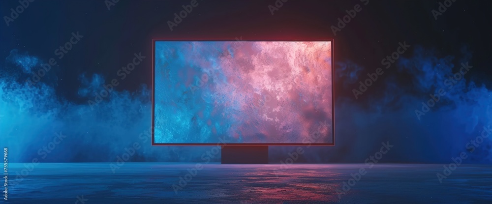 Poster a futuristic 3d mockup of a digital screen displaying a customizable poster design, set against a so