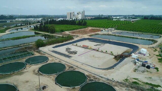 Drone photography of Ponds with sewage treatment plants In an agricultural area