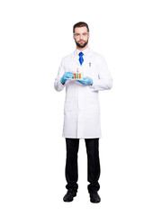 Full size fullbody portrait of attractive stylish  scientist in white lab coat, black pants, blue...