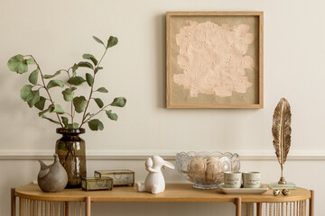 Interior design of easter living room interior with mock up poster frame, glass vase with leaves,...