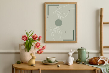 Interior design of easter living room interior with mock up poster frame, glass vase with tulips,...