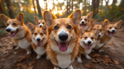 happy group of corgi dogs with tongue exposed