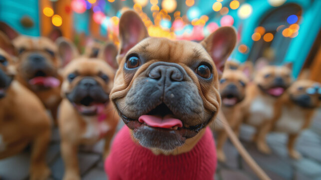 large group of french bulldogs panting