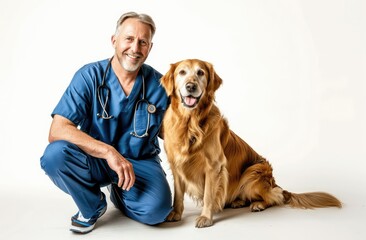 Smiling Veterinary Professional in Blue with Happy Golden Retriever - Generative AI