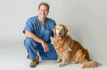 Smiling Veterinary Professional in Blue with Happy Golden Retriever - Generative AI