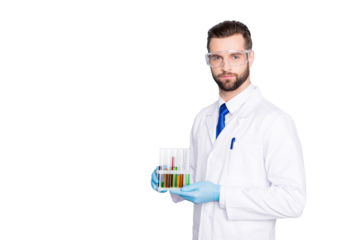 Portrait with copy space, empty place of attractive stylish  scientist with bristle in white lab coat, tie holding test tubes with multi-colored liquid, looking at camera over grey background