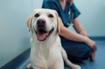 White Labrador with Smiling Vet in Blue Scrubs - A Picture of Care - Generative AI