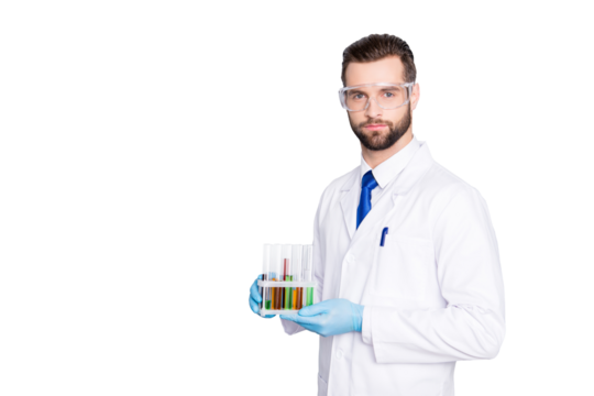 Portrait with copy space, empty place of attractive stylish  scientist with bristle in white lab coat, tie holding test tubes with multi-colored liquid, looking at camera over grey background