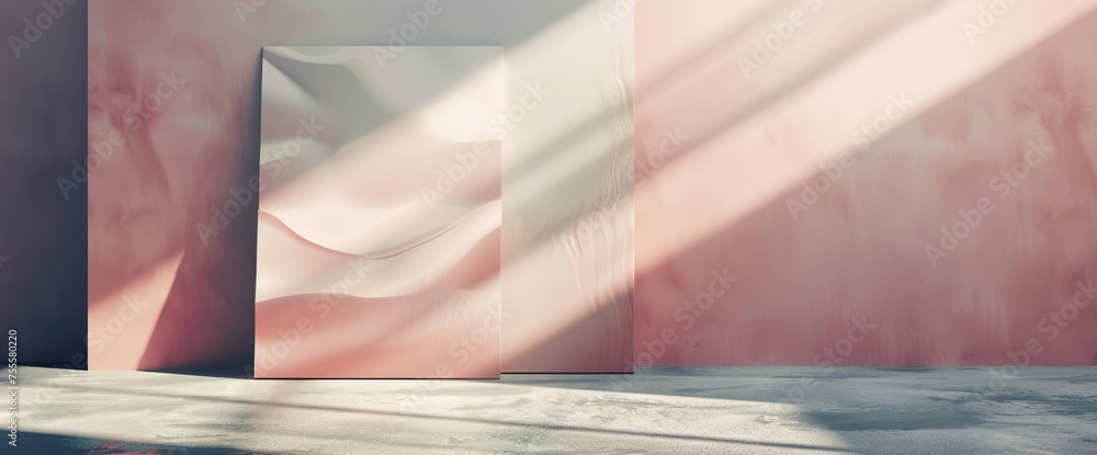 Poster a stylish 3d mockup of a poster leaning against a wall with space for custom text, set against a sol