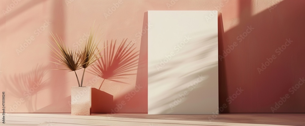 Poster a stylish 3d mockup of a poster leaning against a wall with space for custom text, set against a sol