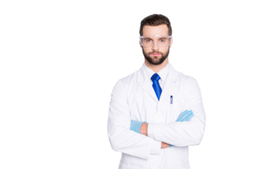 Portrait with copyspace, empty place of stylish handsome scientist with stubble in white outfit with tie having his arms crossed looking at camera isolated on grey background