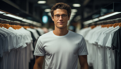 Fototapeta premium man looking through a row of white T-shirts on a store shelf. 