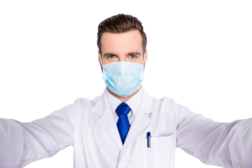 Self portrait of creative funny dentist in white lab coat, blue, tie, protective face mask shooting selfie on smart phone, having rest relax video call, isolated on grey background