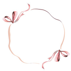 Frame with watercolor bows. Delicate pink bows and ribbons in a round wreath. Isolated clip art on white background. Round border for decorating cards and invitations for weddings and birthdays