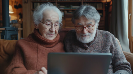 Cute couple of old people sitting on the sofa using laptop together shopping and surfing the net. Two mature people wearing eyeglasses in the living room enjoying technology. Portrait of seniors laugh