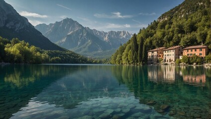 Fototapeta premium Tranquil Reflections: Exploring the Timeless Beauty of Fucine Lake