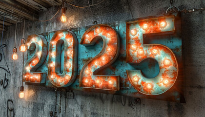 2025 sign industrial lightbulbs on concrete wall. HAPPY NEW YEAR 2025 background